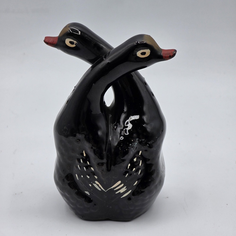 Black Swan Double Salt Pepper‎ Shaker Ceramic Figural Hand Painted with Corks